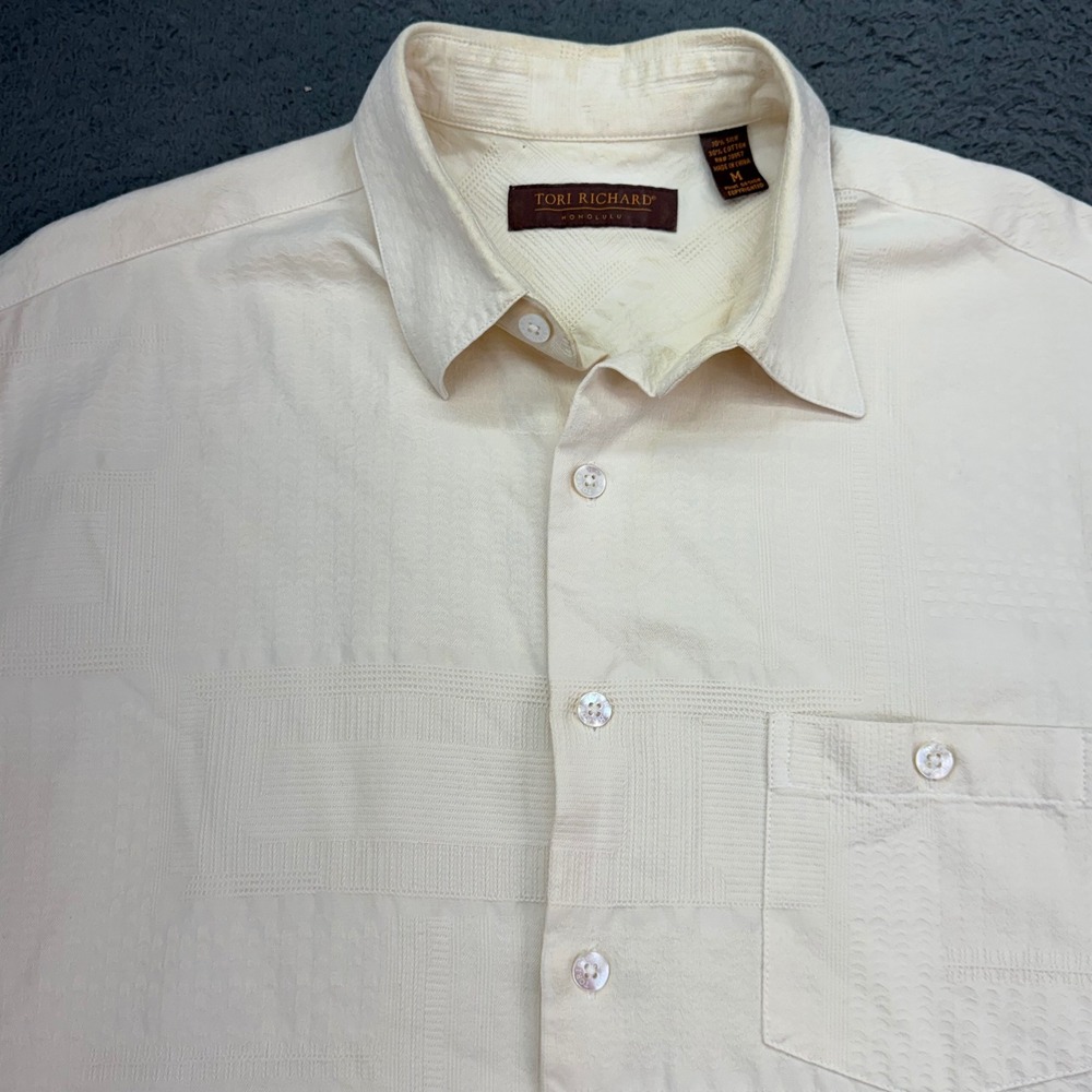 Tori Richard Shirt Mens M Cream Silk Cotton Jacquard‎ Geometric Short Sleeve
